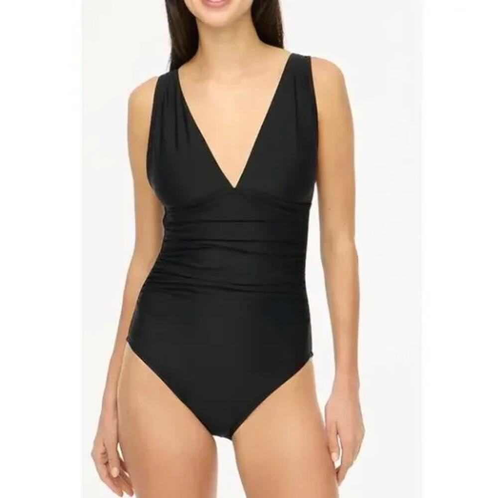 NWT J. Crew Ruched Plunge One Piece Swim Suit in Solid Black Sz M CI098